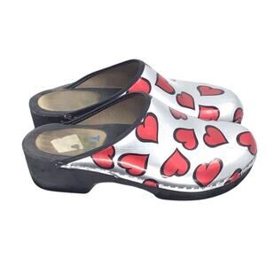 TESSA Clogs Womens Sz 10 Silver Leather Red Heart Design EU 41 Slip On Comfort